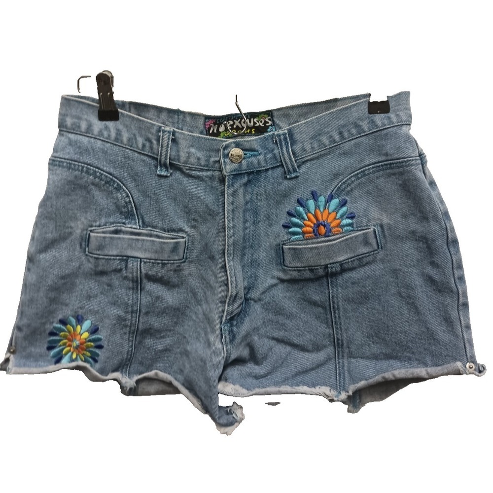VTG‎ 90s No Excuses Jeans Womens Love Peace Denim Shorts 13/14 Blue Embroidered